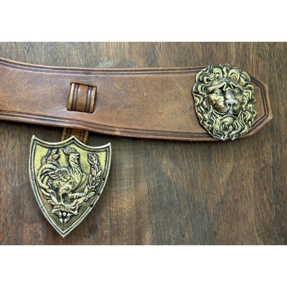 Vintage Calderon NYC Leather Lion Head Belt Buckle Belt Rooster Shield Size XS main image 4